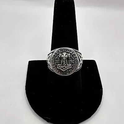 Solid 925 Sterling Silver Men's Norse Thor's Hammer Ring With Runes Size 10 • $54