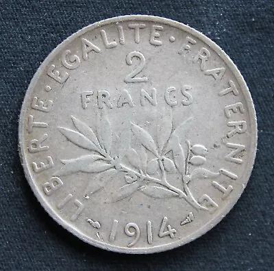 France 1914 Silver 2 Francs 0.835 Silver. 0.2685 Oz Actual Silver Weight • $6.99