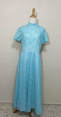Vtg 60s 70s Handmade Maxi Dress Light Blue Lace Modest Lined Prom Wedding Sz M • $39.99