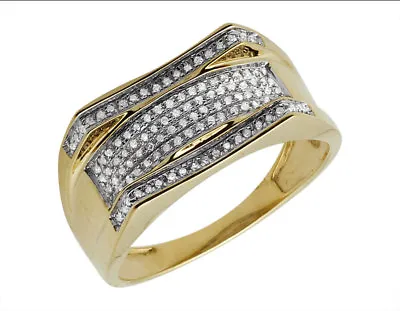 Men's 10K Yellow Gold Curved Pave Real Diamond Designer Engagement Ring 0.25ct • $699.99