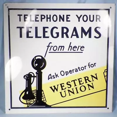 Telephone Your Telegrams Sign Ask Operator For Western Union Porcelain 1920s • $199.98