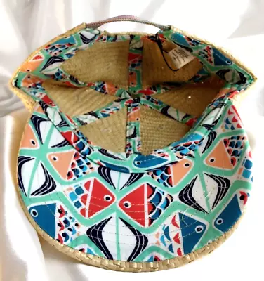 Vera Bradley's STRAW BASEBALL HAT In GO FISH BLUE Woven Natural Stretch Band NWT • $27.99