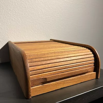 Vintage Brookstone Teak Tambour Roll Top Cassette Desk Storage Box Organizer • $20