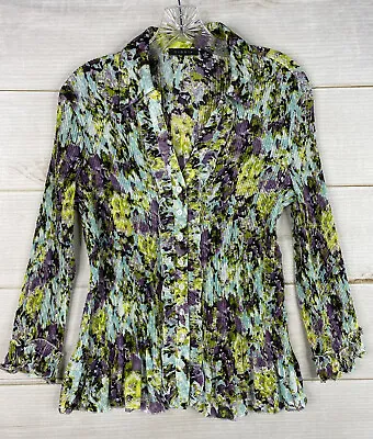 $15.99 • Buy Sioni Top Womens XL Multicolor Accordian Button Up Long Sleeve V Neck Stretch