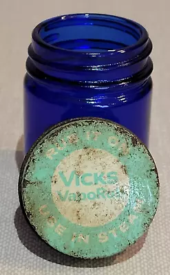 VTG Vicks Vapor Rub Blue Cobalt Glass Jar W/ Twist Metal Cap 2 1/2  H X 1 1/2  W • $14.99