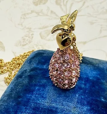 Joan Rivers Faberge Egg Pink Rhinestone Heart Dove Bird Pendant Gold Chain • $33