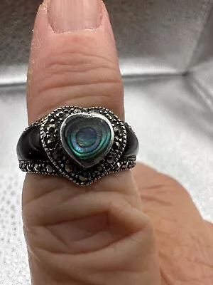 925 Sterling Silver Abalone Heart Black Onyx Ring Size 7 • $25