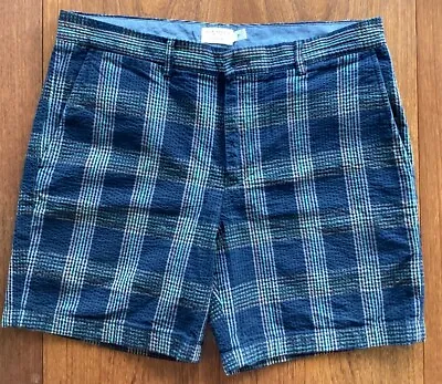 CLUB MONACO Men’s Cotton Seersucker Short 31w/ 6” Inseam Blue Plaid • $13.90