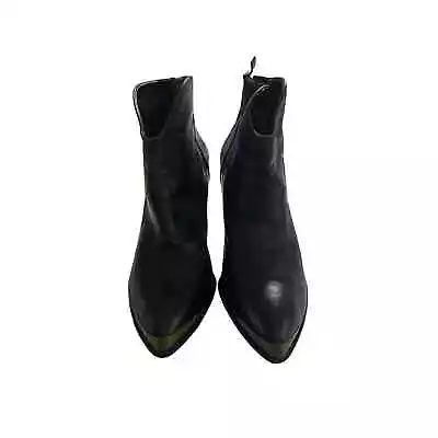 B Makowsky Black Leather Booties Cow Girl Booties Brass Metal Toe Tip 6.5M • $18