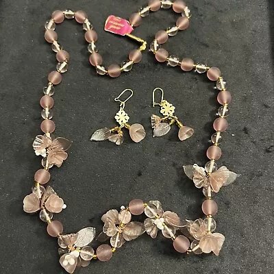 Authentic Murano Mauve Floral Glass Necklace And Earrings Set • £3