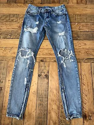Mnml Mens Destroyed Skinny Jeans Size 28W 31L Blue Denim Ankle Zip • $18.75