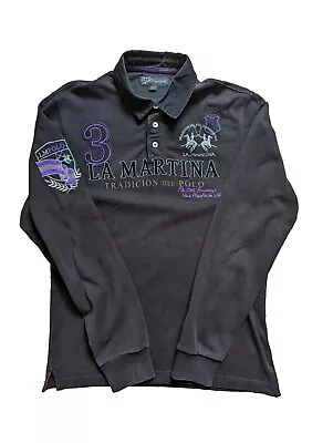 La Martina Polo Shirt Large Black Polo Cup Long Sleeve Purple Embroidered Collar • $43.50