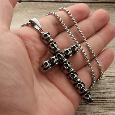 Mens Gothic Skull Skeleton Cross Pendant Punk Necklace Stainless Steel Chain 24  • $11.99