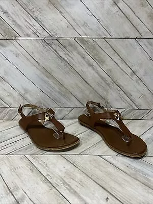 Michael Kors Suki T-Strap Brown Leather Thong Sandals Lock & Key Charms Size 11 • $28.28