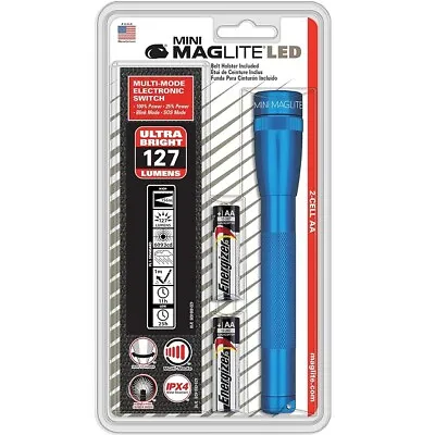 Mini Maglite SP2211H Blue 2X AA LED 127 Lumen Flashlight W/ Belt Holster • $34.48