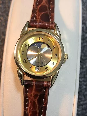 Women’s Geneva Sun And Moon Watch With Date Gold Tone Leather Band New Band • $24.95