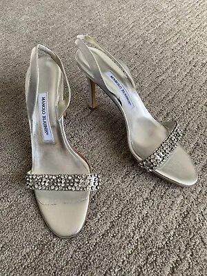 Manolo Blahnik Womens Silver Crystal Strappy High Heels Sandals Shoes Size 9 • $279.99