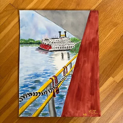 Original Watercolor Painting Travel Mississippi River Cruise Bridge 16x12 • $99