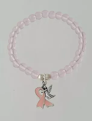 Pink Glass Bead Bracelet Breast Cancer Awareness Ribbon Angel Charm • £3.99