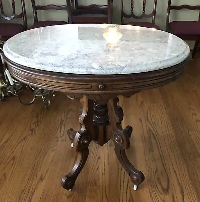 Antique Victorian Oval Ornate Walnut Pink Marble-Top Parlor Table Circa 1890 • $549.99