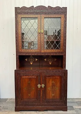 RARE Antique Anglo Indian Rosewood Dresser Glass Cabinet Brass Inlaid Patterns • £5995