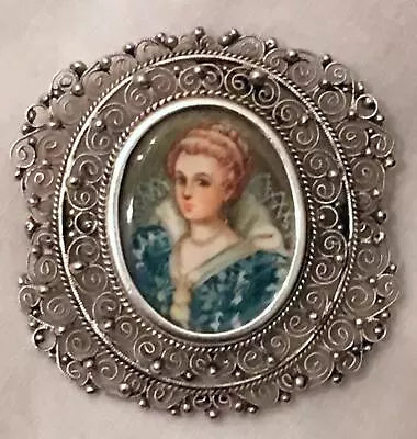 Antique Miniature Portrait Brooch Victorian Cameo 800 Silver Nt Sterling Pendant • $500