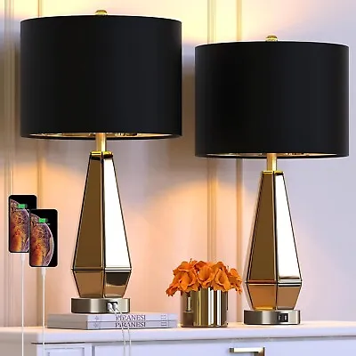 Set Of 2 Mirrored Glass Bedside Table Lamps With 2 USB Ports For Bedrooms Modern • $89.76