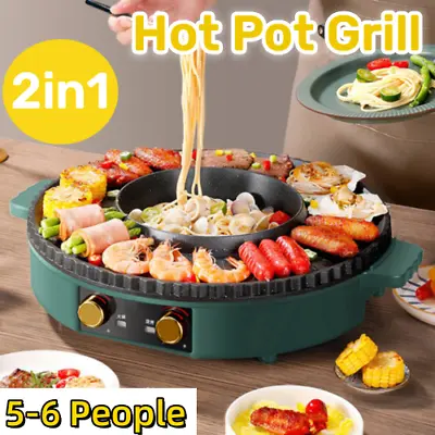 Electric 2 In 1 Hot Pot BBQ Oven Smokeless Barbecue Pan Grill Hotpot Machine • $68