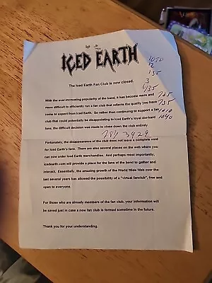 Vintage Announcement Of Iced Earth Fan Club Closing & Ooak Letter Basement Music • $9.99