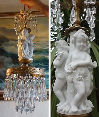 $299 • Buy SALE!! Bisque Porcelain Brass Nude Cherubs Lamp PARIAN Vintage Crystal W Canopy