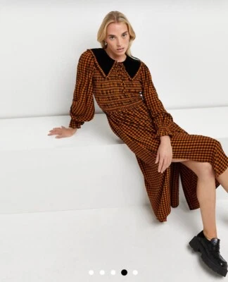£8.53 • Buy Rust Gingham Check Shirred Midi Dress BNWT UK 12 Puff Sleeve RIVER ISLAND