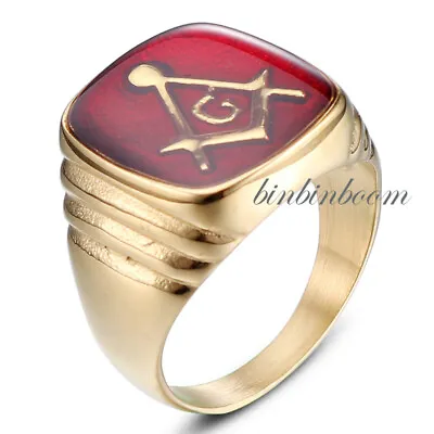 Red Enamel Masonic Symbol Ring Stainless Steel Gold Red Tone Solid Back • $13.96