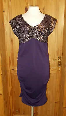 RAINBOW Purple Silver Sequin Stretch Wiggle Midi Party Dress M 12-14 40-42 • £19.99