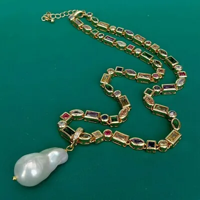 Cultured White Baroque Pearl Pendant Cz Multi Color Chain Choker Necklace • $37.52