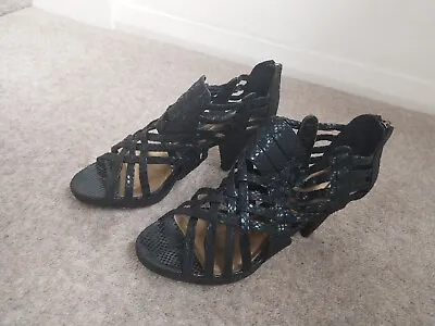 Wallis Black Snake Embossed Faux Leather Strappy Cage Sandals Heels - 37 UK 4 • £8