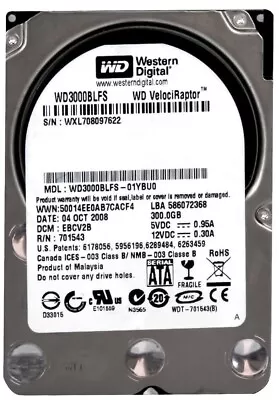 Western Digital VELOCIRAPTOR 300GB 10000U/Min 16MB SATA II WD3000BLFS 2.5''   • $71.50