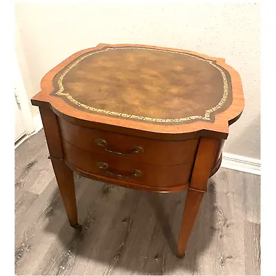 Mid-Century Regency Style Mahogany Leather Top Table Brass Wheels Drawer • $180