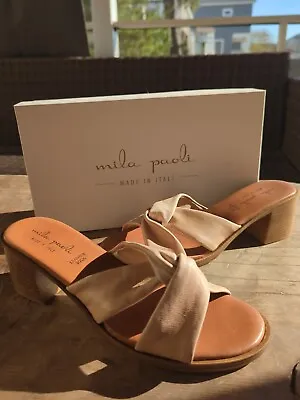 NEW Ladies Mila Paoli Taupe Italian Leather Slip On Heel Shoe Sandals Sz 7.5 NIB • $18.99