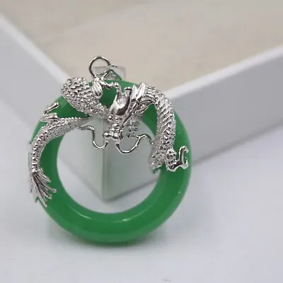  Pure S925 Sterling Silver Green Jadeite Women Circle Dragon  Pendant  • $12.83