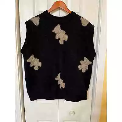 Men's Black Sweater Vest Tan Teddy Bear Pattern Large • $25