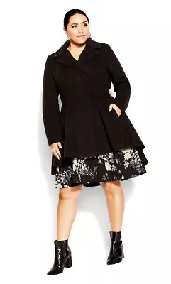 City Chic XL 22 NWT RRP $229.95 Coat Hi Lo Frill Black • $100