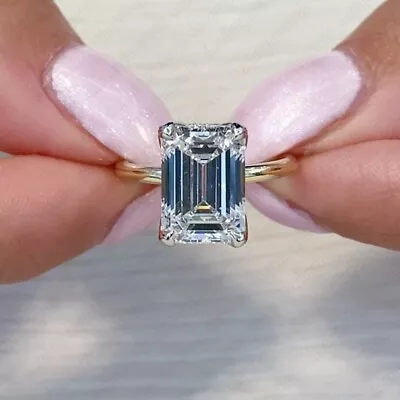 2.29Ctw Emerald Cut Moissanite Lotus Prong Engagement Ring 14k Two-Tone Gold • $548.68