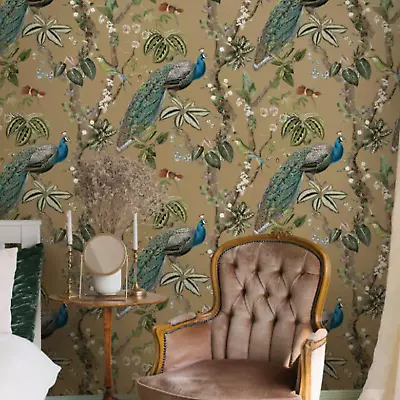 Gold Peacock Woods Wallpaper Metallic Effect Floral Mulit Birds Feature Wall • £13.99