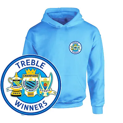 Childrens TREBLE Manchester City POCKET 2023 Hoodie Champions Winners Kids • £22.95