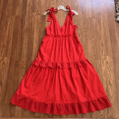 $26.92 • Buy Zara Womens Tiered Maxi Dress Size Medium Red Eyelet Tie Shoulder Lined Bohemian