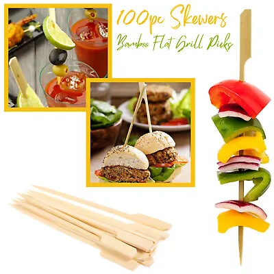 £2.69 • Buy 100 Wooden Skewers Bamboo BBQ Flat Barbecue Paddle Sticks Grill Kebab Fruit Pick