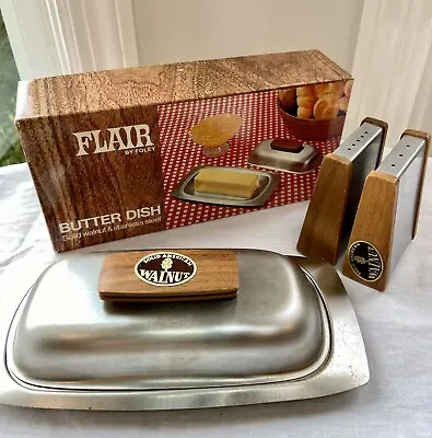 Flair By Foley VINTAGE Butter Dish & Salt Pepper SET Walnut & Steel With Box • $24.90