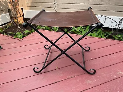 Vintage Antique Leather Saddle Hand Forged Wrought Iron Folding Bench Stool Rare • $250