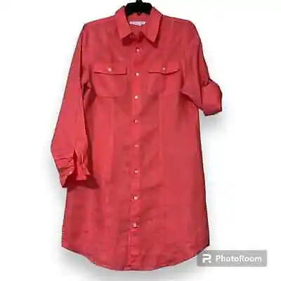 ISLAND COMPANY Womens Size Medium Linen Shirt Dress Coral No Belt Button Front • $29.99