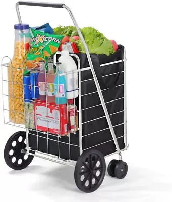 ( USED ) Folding Grocery Basket Cart Shopping Wheels Large Metal Utility Laundry • $31.99